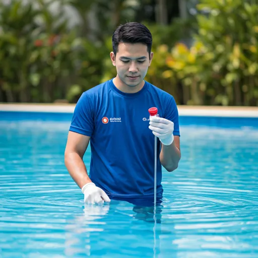 Professional pool technician testing water quality
